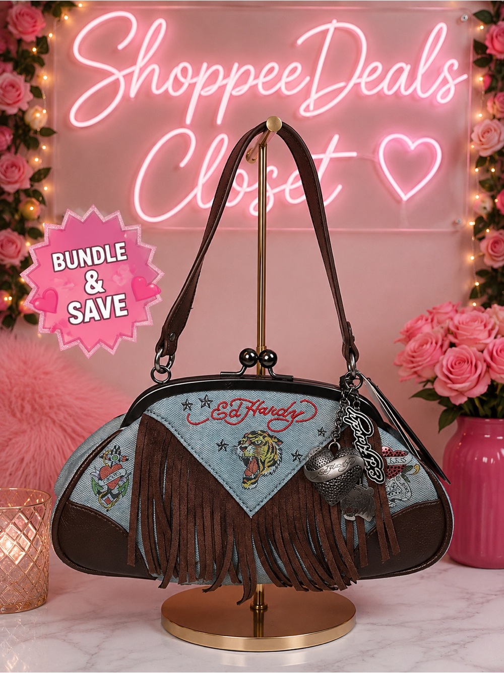 NWT Ed Hardy Denim Fringe Kiss Lock Shoulder Bag Tiger Tattoo Charms Y2K